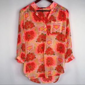 Cals Floral Sheer Long Sleeve Pink Button Down Colorful Summer Beach Cover Up